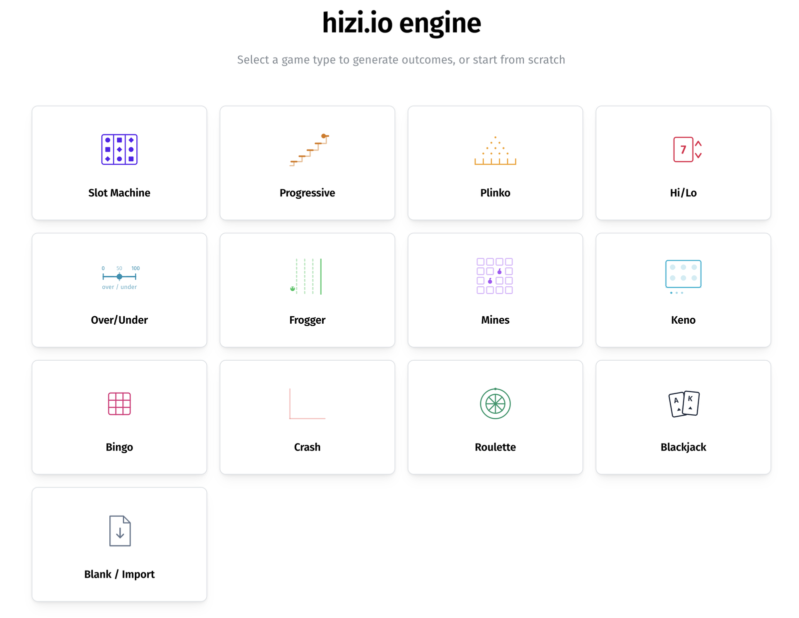 hizi.engine game type selection screen with tiles for slot machine, progressive, plinko, hi-lo, over-under, mines, keno, bingo, crash, roulette, blackjack and a blank or import option