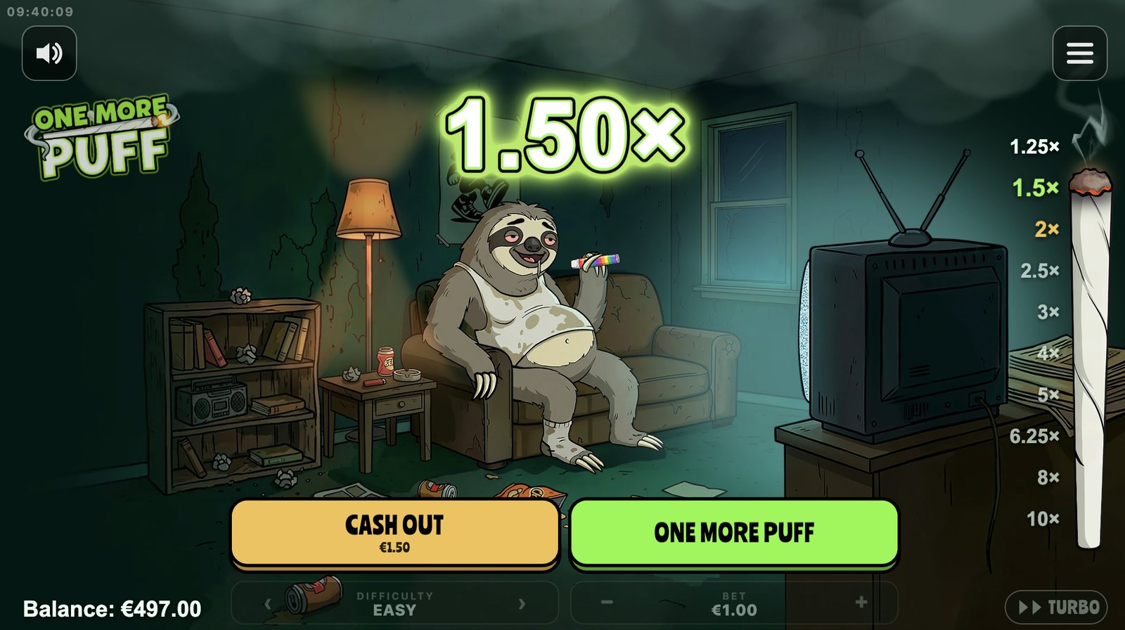 One more puff by Unwanted Games: a sloth on a couch decides between cashing out and taking one more puff as the multiplier ladder climbs
